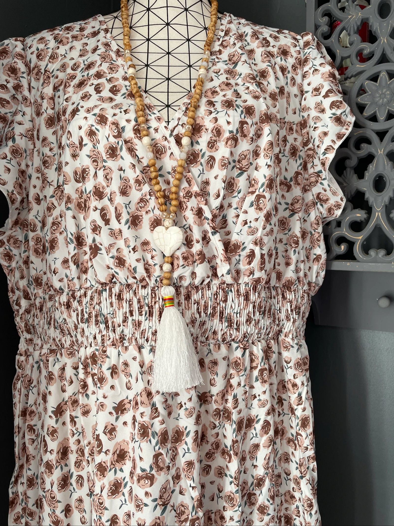 💖 vestido longo floral bege cru grande tamanho 54 fluido romântico boêmio chique 💖 – photo 3